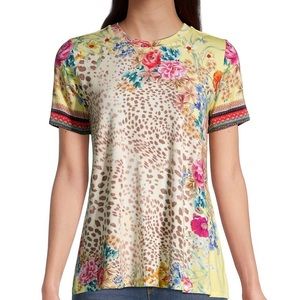 Johnny Was Floral Leopard Print Short Sleeve Tee - Yellow and Pink
